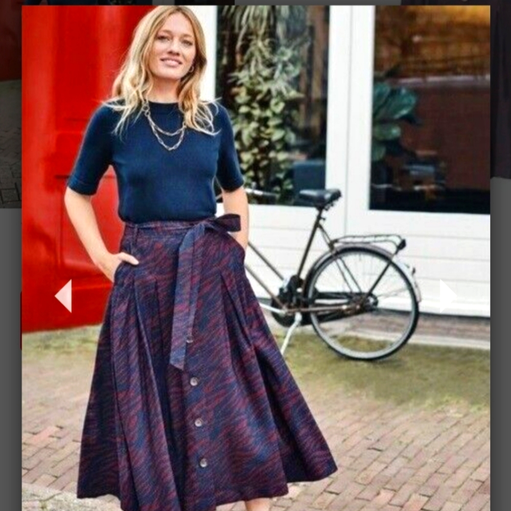 Boden Lennox Button Front Belted A Line Midi Skirt, Navy and Red